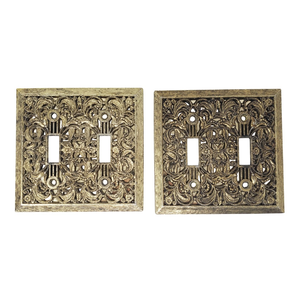 Vintage Antique Brass Ornate Floral Filigree Double Toggle Switch Covers Set 2